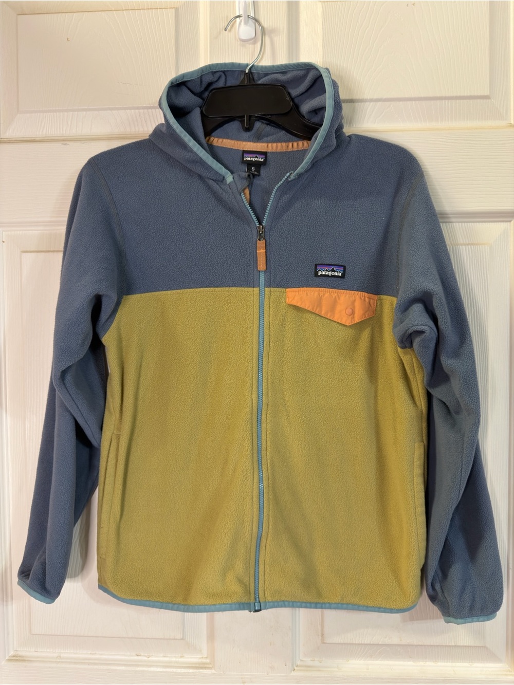 Patagonia Kids' Micro D Snap-T® Fleece Olive Green Blue Jacket Sz M 14 EUC